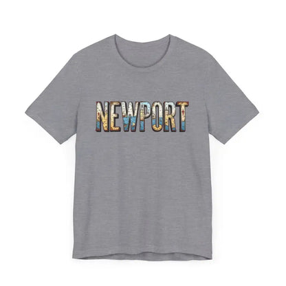 Gray t-shirt featuring Newport text from Newport Graphic Unisex Coastal Jersey Tee