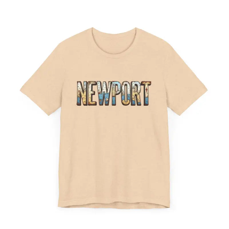 Beige Newport Graphic Unisex Coastal Jersey Tee with bold Newport text design