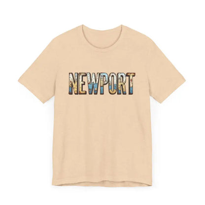 Beige Newport Graphic Unisex Coastal Jersey Tee with bold Newport text design