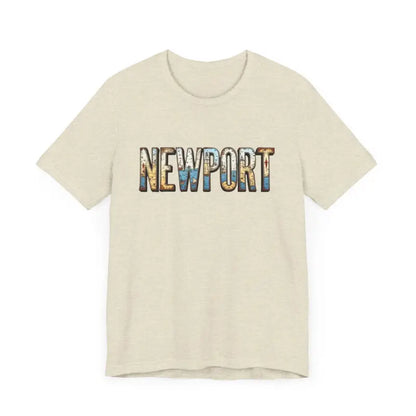 Beige Newport Graphic Unisex Coastal Jersey Tee showcasing stylish text design