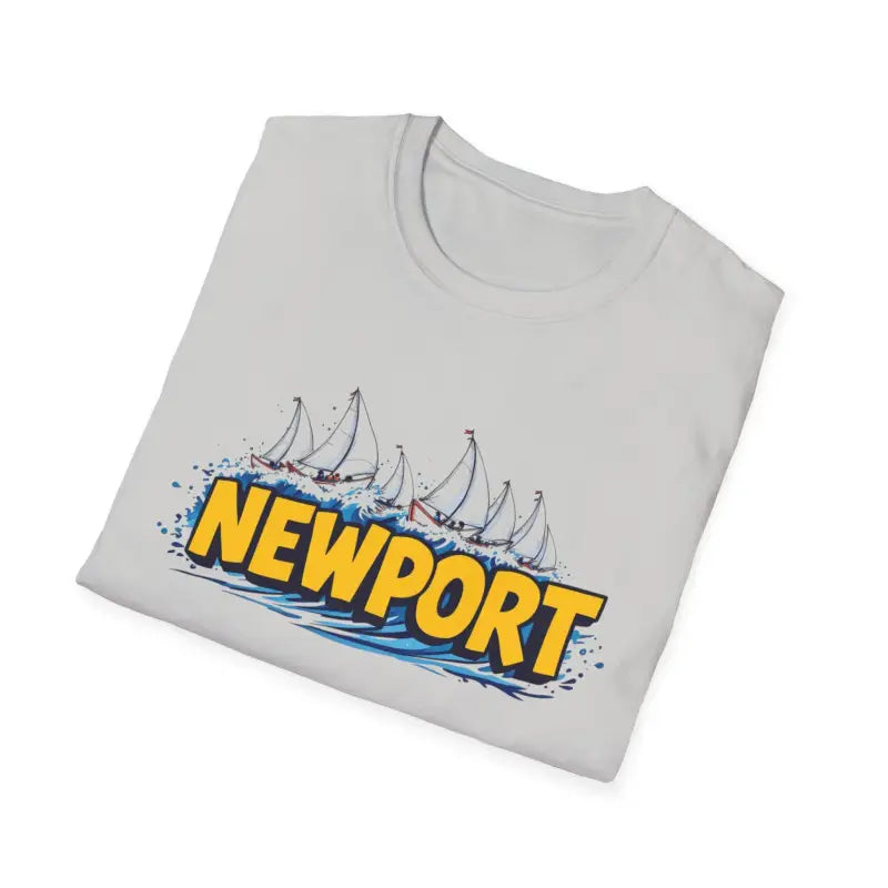 Folded white Newport Graphic Unisex Softstyle T Shirt featuring a sailboat design