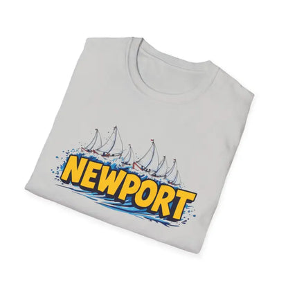 Folded white Newport Graphic Unisex Softstyle T Shirt featuring a sailboat design