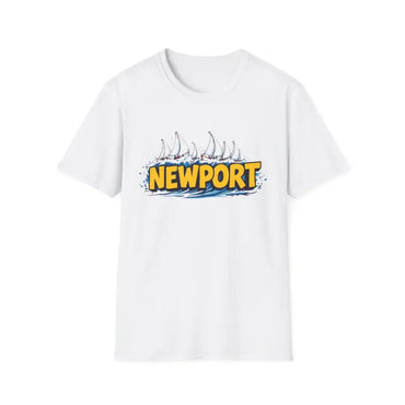 White Newport graphic unisex softstyle T-shirt displayed on a neutral background