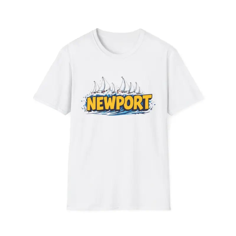 White Newport graphic unisex softstyle T-shirt displayed on a neutral background