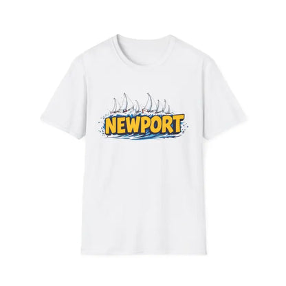 White Newport graphic unisex softstyle T-shirt displayed on a neutral background