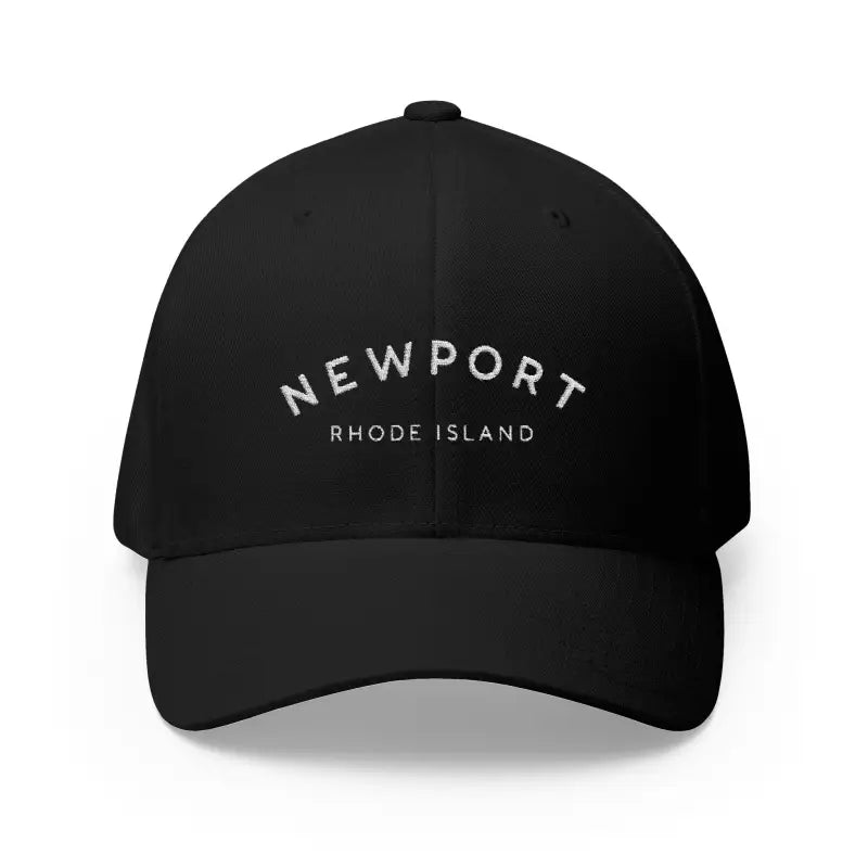 Black baseball cap featuring Newport Rhode Island embroidery, ideal for casual wear