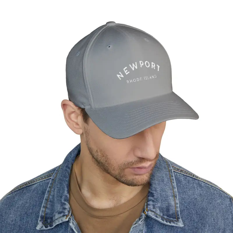 Gray baseball cap featuring Newport Rhode Island embroidery in stylish casual design