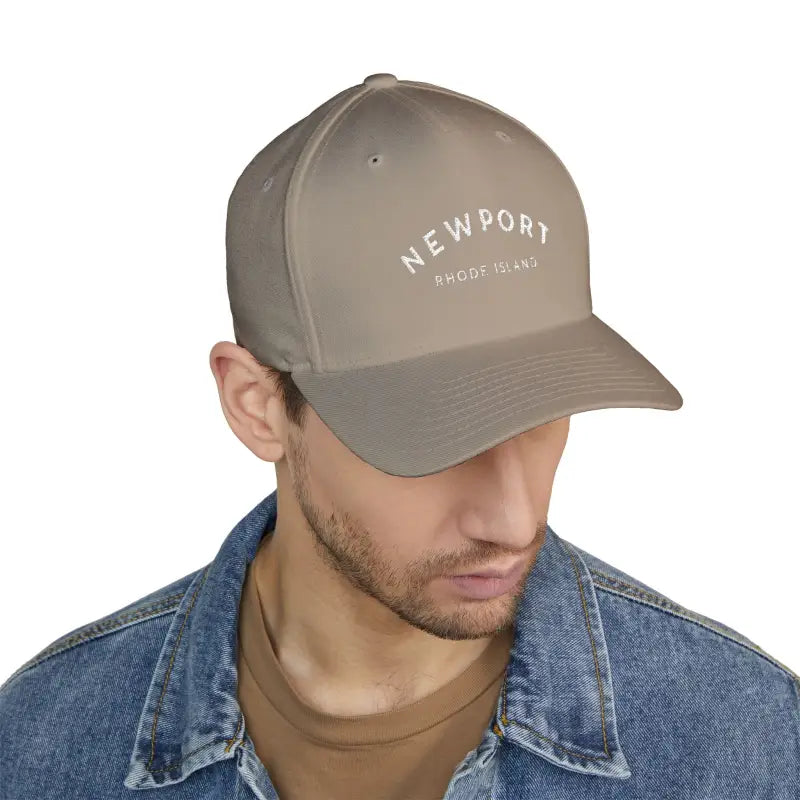 Khaki baseball cap featuring Newport Rhode Island embroidery for stylish casual wear