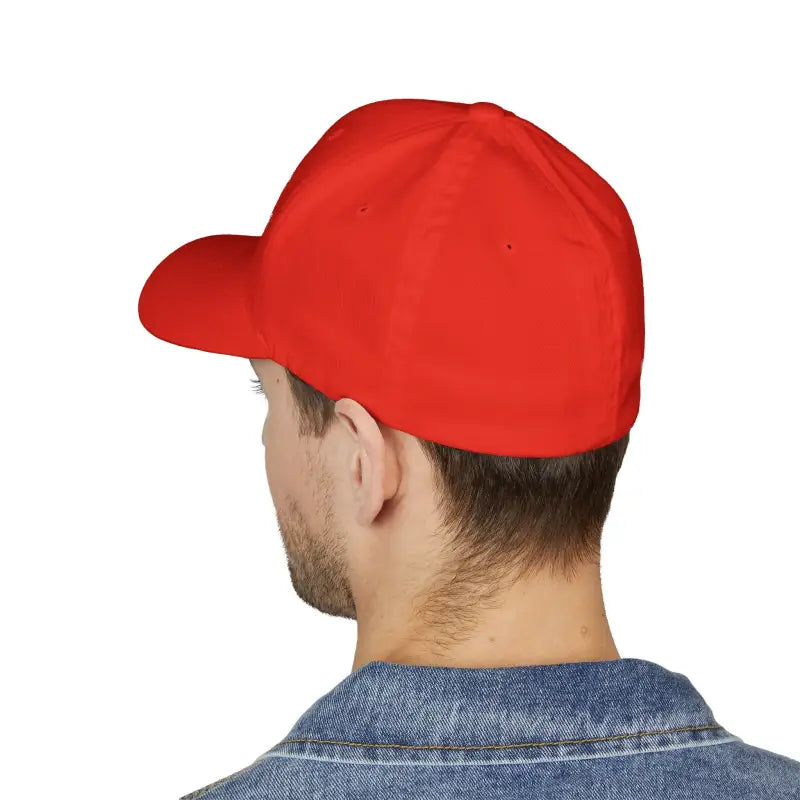 Red baseball cap worn by a person, Newport Rhode Island Embroidered Cap