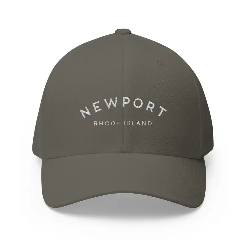 Gray baseball cap featuring Newport Rhode Island embroidery, stylish casual wear