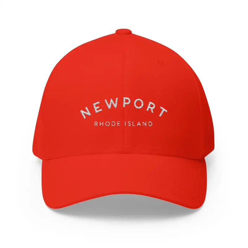 Red baseball cap featuring Newport Rhode Island embroidery for a stylish casual look