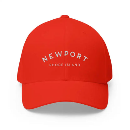Red baseball cap featuring Newport Rhode Island embroidery for a stylish casual look