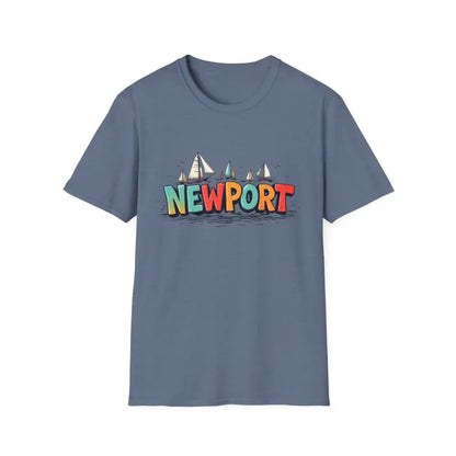 Blue Newport Sailing Softstyle Unisex T Shirt with graphic design displayed