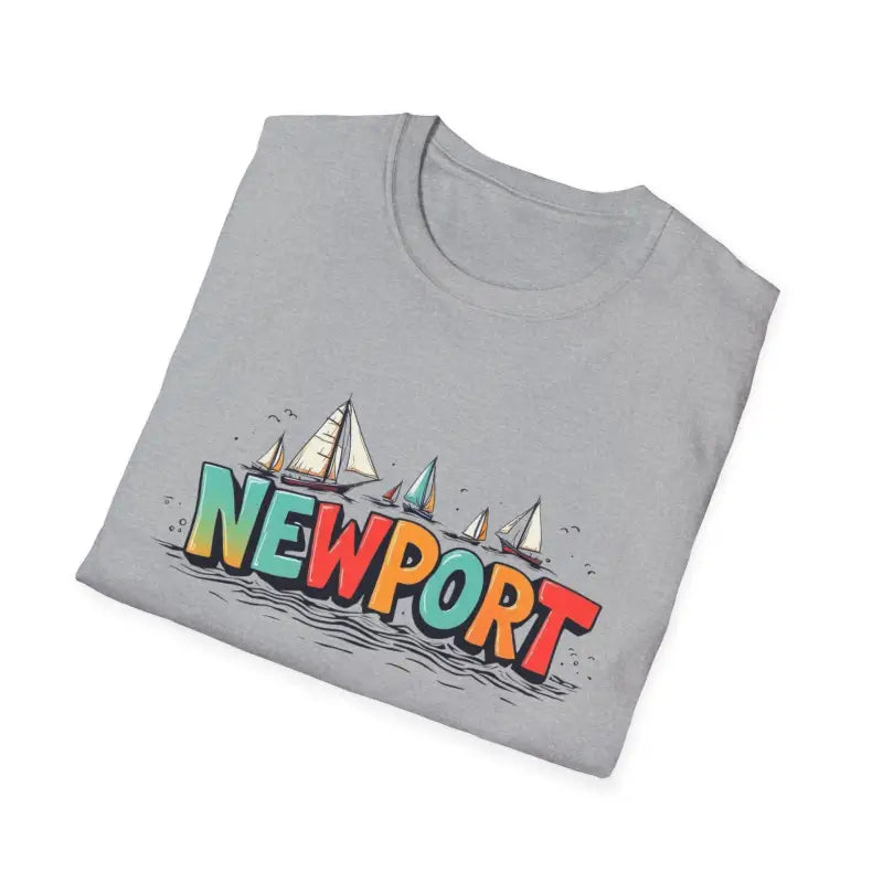 Folded gray Newport Sailing Softstyle Unisex T Shirt displayed elegantly