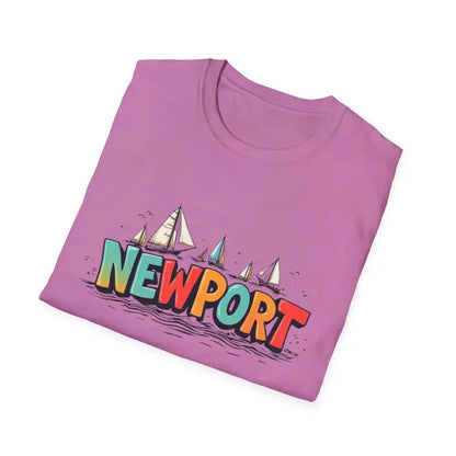 Folded pink t-shirt featuring Newport graphic from the Newport Sailing Softstyle collection