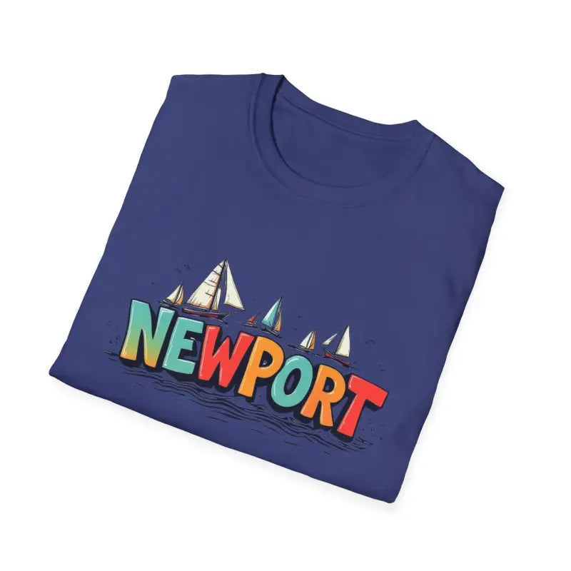 Folded blue Newport Sailing Softstyle Unisex T Shirt displayed on a neutral background