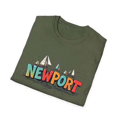 Folded olive-green Newport Sailing Softstyle Unisex T Shirt on a neutral background