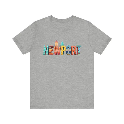 Gray Newport Surfing Inspired Unisex Jersey Tee showcasing bold Newport text design