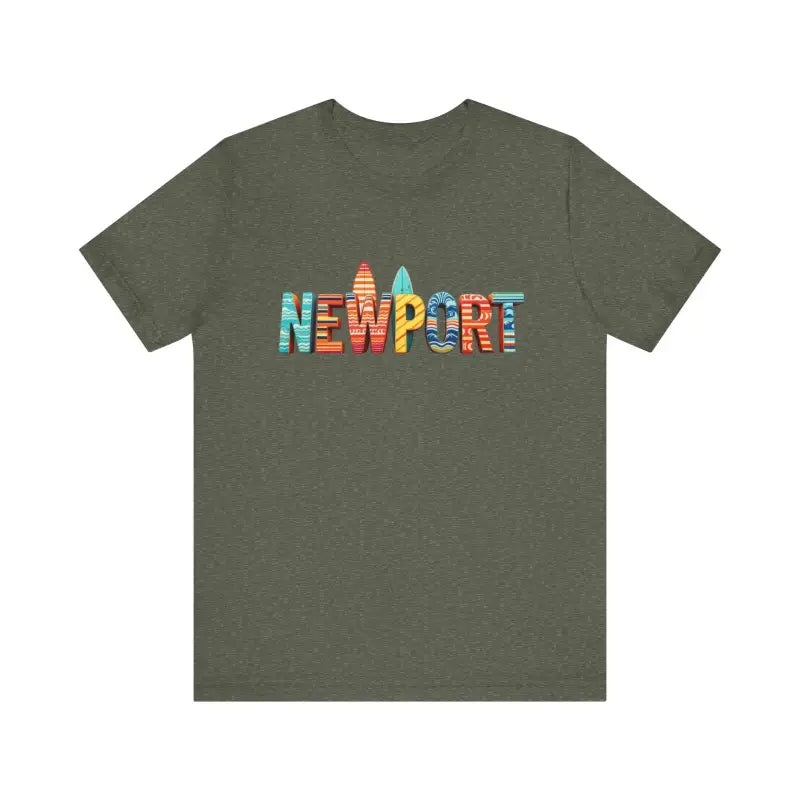 Olive green Newport Surfing Inspired Unisex Jersey Tee with stylish text design