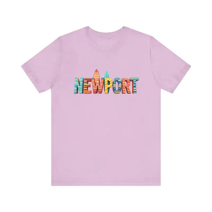 Lilac t-shirt featuring Newport design from Newport Surfing Inspired Unisex Jersey Tee