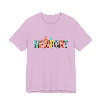 Lilac Newport Surfing Inspired Unisex Jersey Tee showcasing stylish lettering design