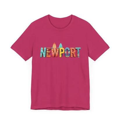 Magenta T-shirt featuring Newport design from the Newport Surfing Inspired Unisex Jersey Tee