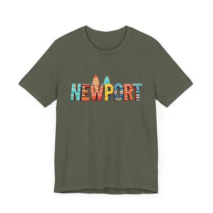 Olive green t-shirt featuring vibrant Newport text, perfect for surfing enthusiasts