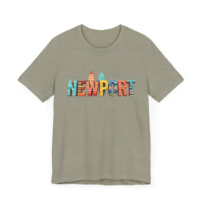 Khaki Newport design t-shirt from Newport Surfing Inspired Unisex Jersey Tee collection