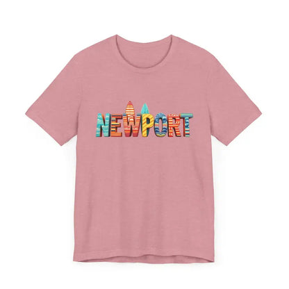 Pink T-shirt with vibrant Newport design from the Newport Surfing Inspired Unisex Jersey Tee