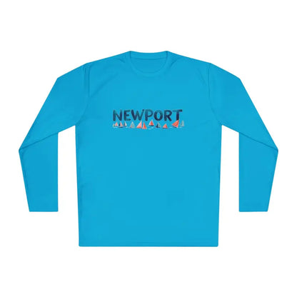 Blue long-sleeved Newport unisex tee featuring sailboat graphics and text