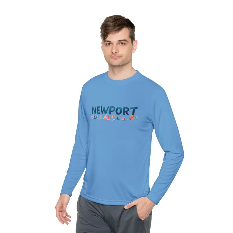 Blue long-sleeved shirt from the Newport Unisex Lightweight Long Sleeve Tee collection