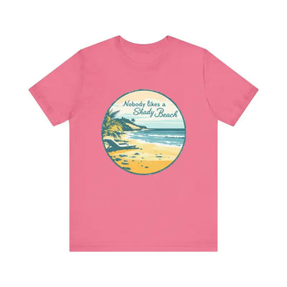 Pink t-shirt featuring beach graphic from Nobody Likes a Shady Beach Unisex Tee