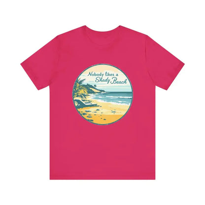 Pink t-shirt featuring a beach graphic from Nobody Likes a Shady Beach Unisex Tee