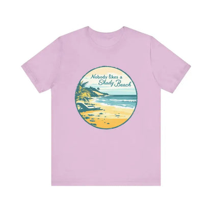 Lilac t-shirt featuring a beach graphic from Nobody Likes a Shady Beach Unisex Tee