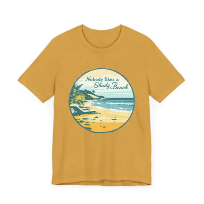 Mustard-colored t-shirt featuring beach graphic from Nobody Likes a Shady Beach Tee