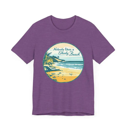 Purple Nobody Likes a Shady Beach Unisex Tee featuring a vibrant beach graphic