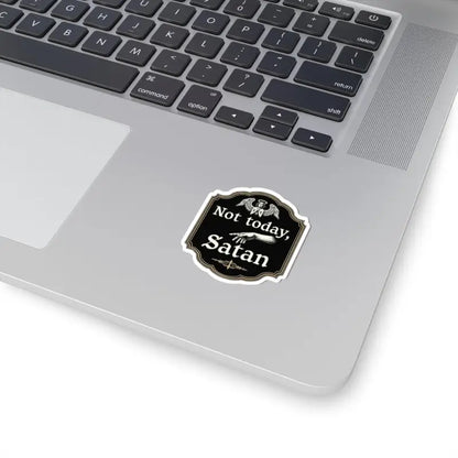 Rectangular sticker featuring Not Today Satan text on decorative sign in black and gold