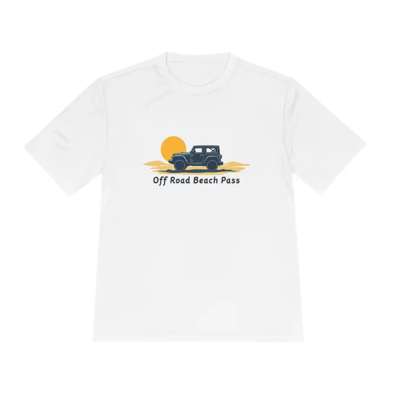 White Off Road Beach Pass Moisture Wicking T Shirt displayed on a neutral background