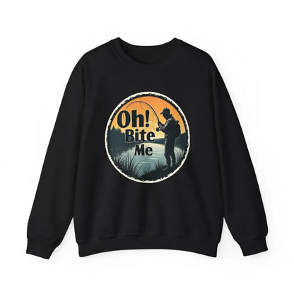 Black sweatshirt featuring a fishing graphic from the Oh Bite Me Fishing Crewneck Sweatshirt