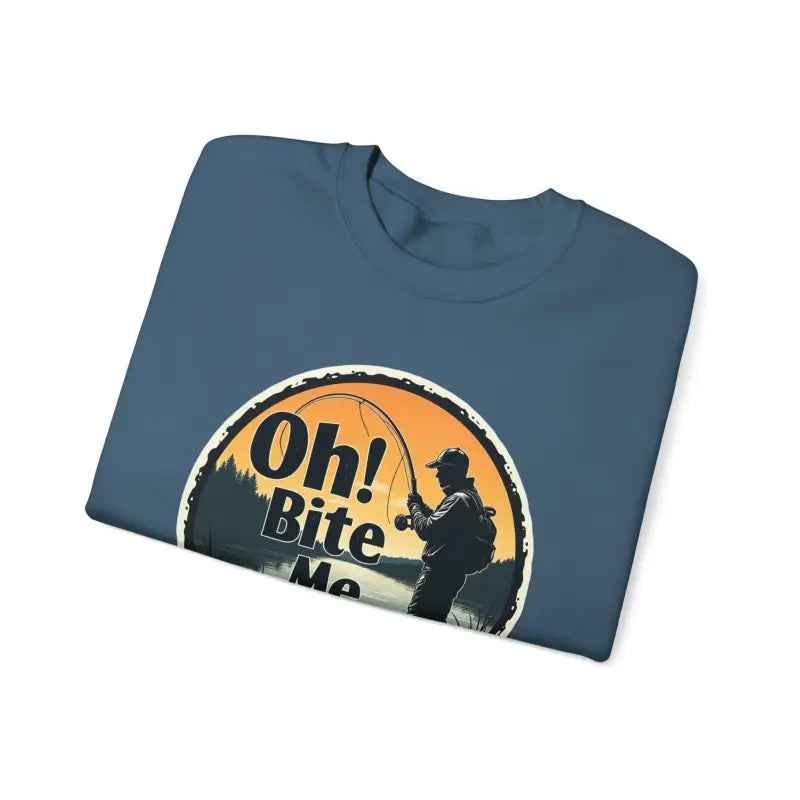 Blue t-shirt featuring a fishing graphic on Oh Bite Me Fishing Crewneck Sweatshirt