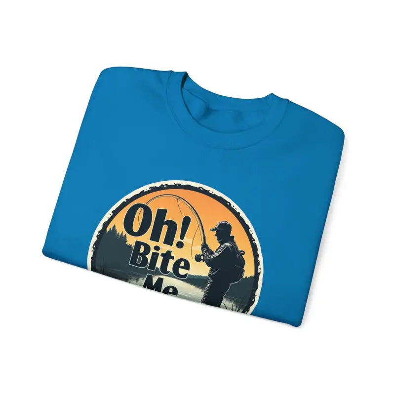 Blue T-shirt featuring fishing graphic from Oh Bite Me Fishing Crewneck Sweatshirt
