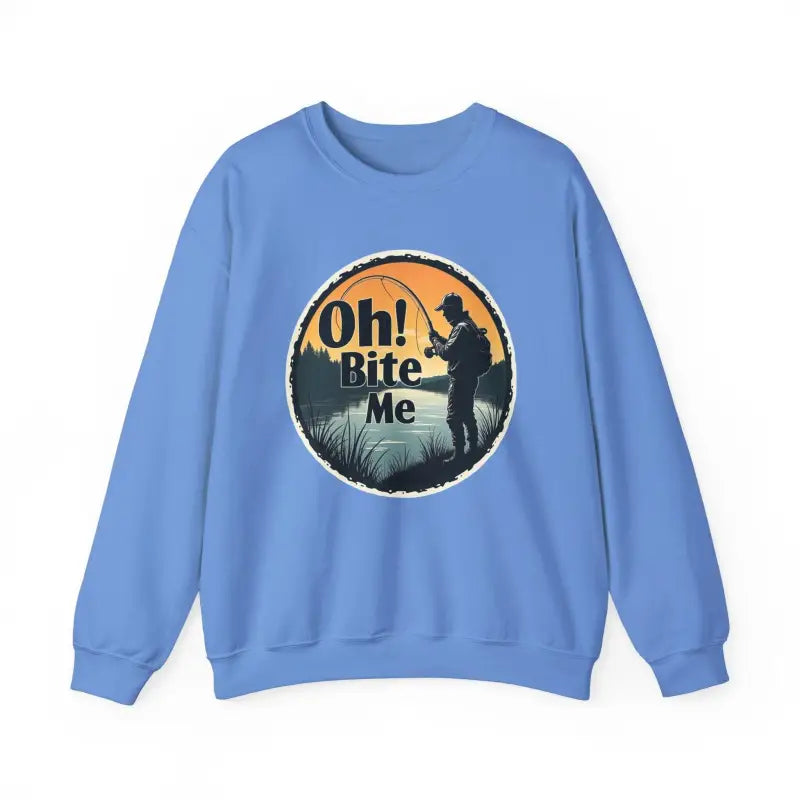 Light blue sweatshirt featuring a fishing graphic from Oh Bite Me Fishing collection