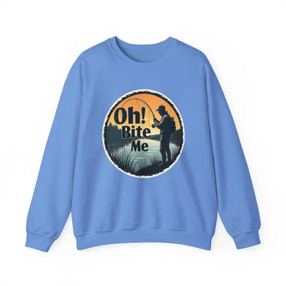 Light blue sweatshirt featuring a fishing graphic from Oh Bite Me Fishing collection