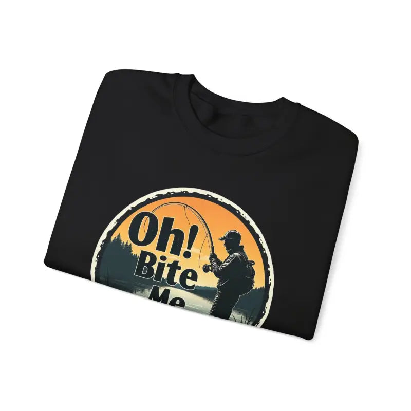 Folded black t-shirt featured with Oh Bite Me Fishing Crewneck Sweatshirt