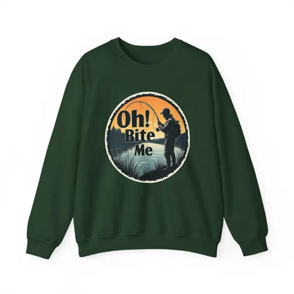 Green sweatshirt featuring a fishing graphic from Oh Bite Me Fishing Crewneck Sweatshirt