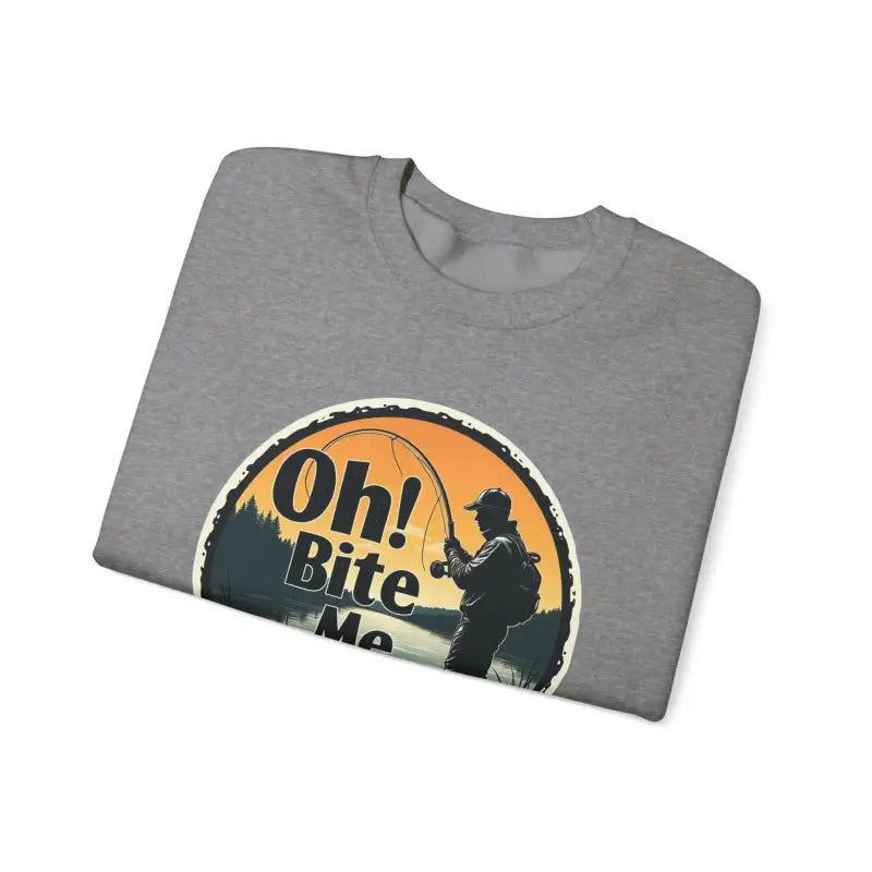 Gray sweatshirt featuring a fishing graphic from the Oh Bite Me Fishing Crewneck Sweatshirt