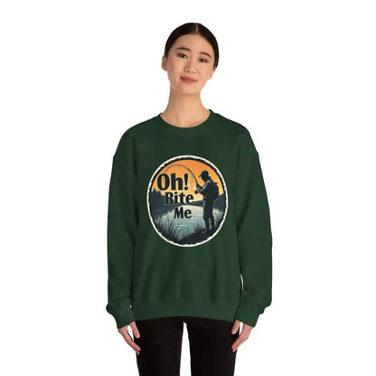 Green Oh Bite Me Fishing Crewneck Sweatshirt featuring a fishing graphic design