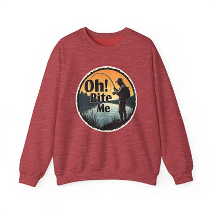 Maroon crewneck sweatshirt featuring Oh Bite Me Fishing design for casual wear
