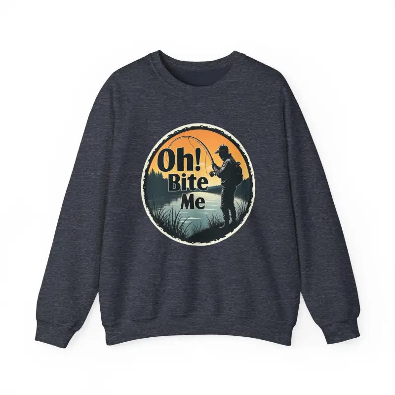 Dark gray crewneck sweatshirt featuring Oh Bite Me Fishing design for casual wear