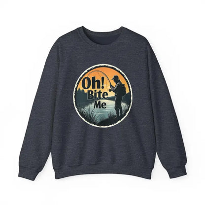 Dark gray crewneck sweatshirt featuring Oh Bite Me Fishing design for casual wear